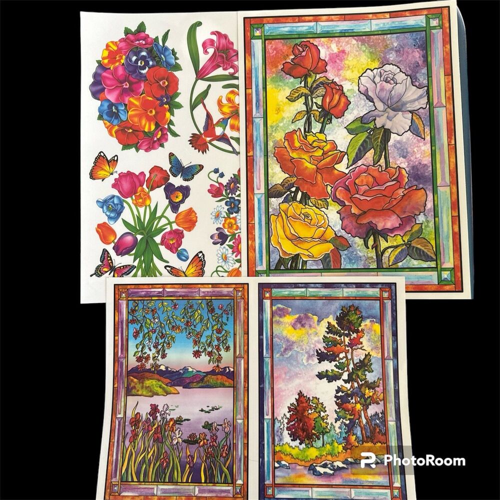VTG Flowers Stained‎ Glass Static Cling Window Decorations Super Signs 3 Sheets